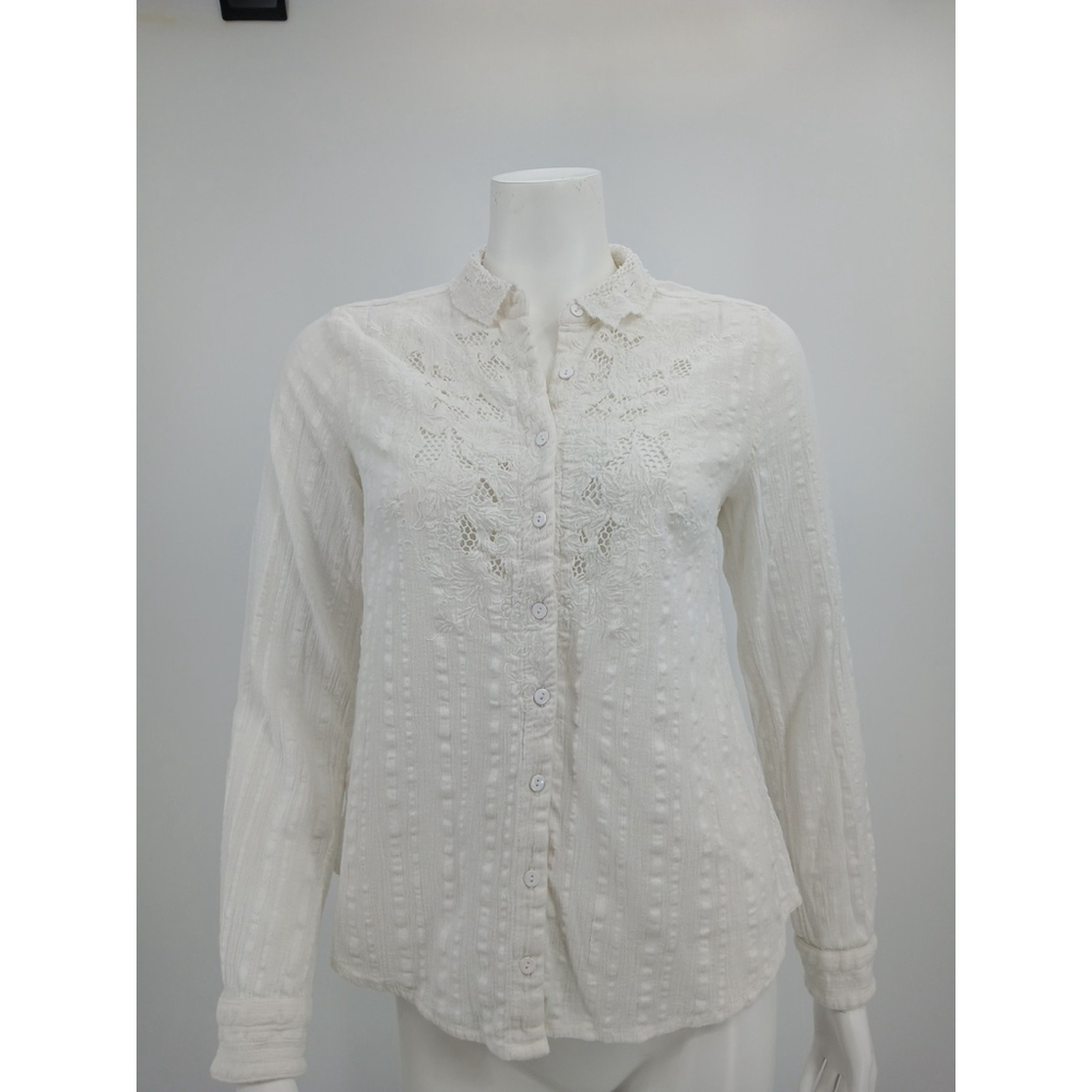 Free People Carter Dobby Ivory Embroidered Blouse Top Cotton Size S
